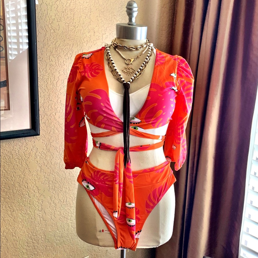 New Two Piece Evil Eye Floral Orange Pink Long Sleeve Swimsuit - Sz L Fits 8-10